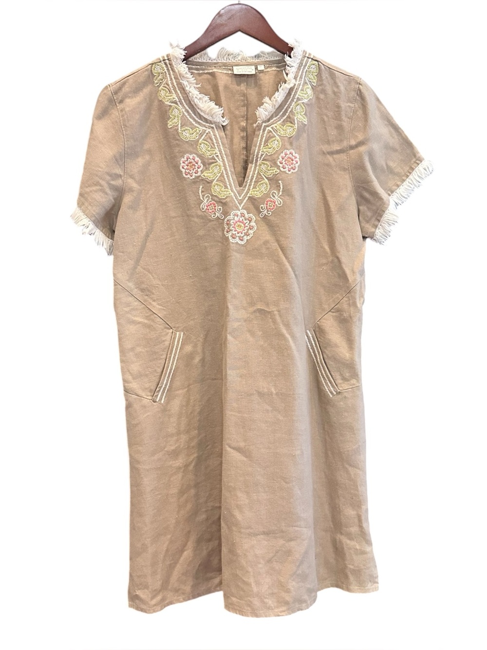 Spartina 449 Taupe Embroidered Linen Fringe Tunic Dress XL Boho Coastal